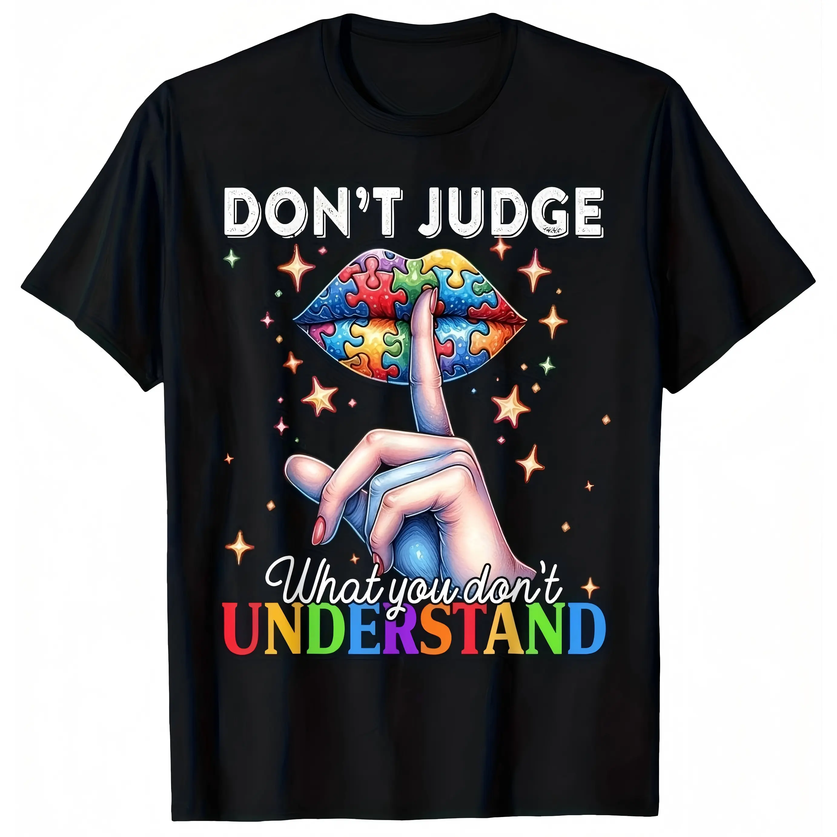 Men's Comfy Classic Short-Sleeve Tshirt, Autism Awareness Soft Round Neck Cotton Clothes, "Don't Judge What You Don't Understand" Graphic, Colorful Puzzle Lips, Black Casual, Breathable Elastic, Regular Fit, Machine Washable, 2026 Summer Tee