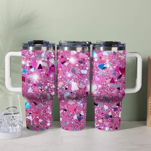 JULIU Pink Glitter & Gem Themed 40OZ Insulated Tumbler with Handle 304 Stainless Steel Long Lasting Insulation Leak Proof Lid Sparkly Design Ideal for Gifting Daily Use & Summer TikTok  Beverage Colorful Portable Stylish Drinkware Flasks