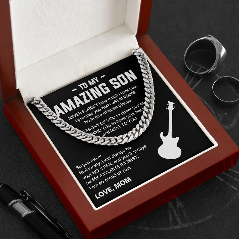 Bassist Son Necklace, Best Bassist Son, Bassist Son Graduation, Bassist Son Birthday, Gift for Bass Player, Gift from Mom and Dad, Retired