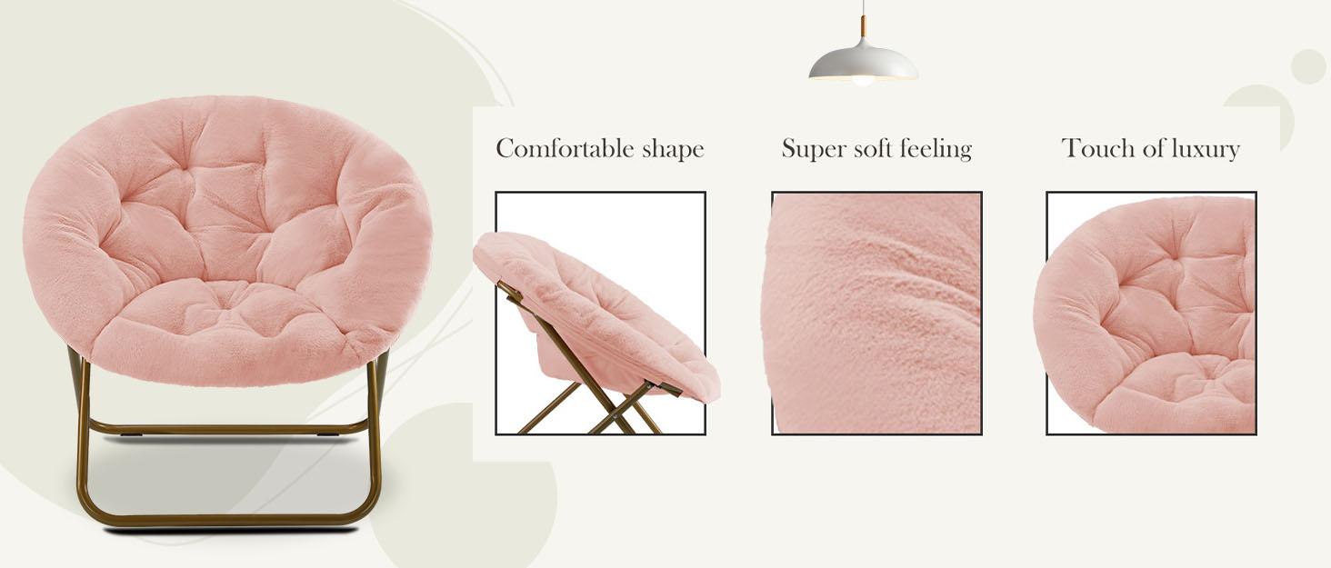 Grey Faux Fur Saucer Chair – Oversized XL Circle Chair for Bedroom, Dorm & Gaming – Foldable Moon/Mushroom Round Seat – Comfy Accent Chair for Adults, Teens & Kids