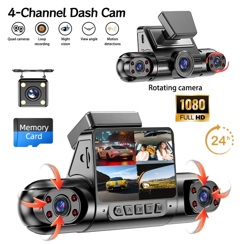 4 Dash Cam 1080P HD with 360° Rotating Camera, Front Rear Inside Recording, Night Vision, Loop Recording & Free 64GB Memory Card