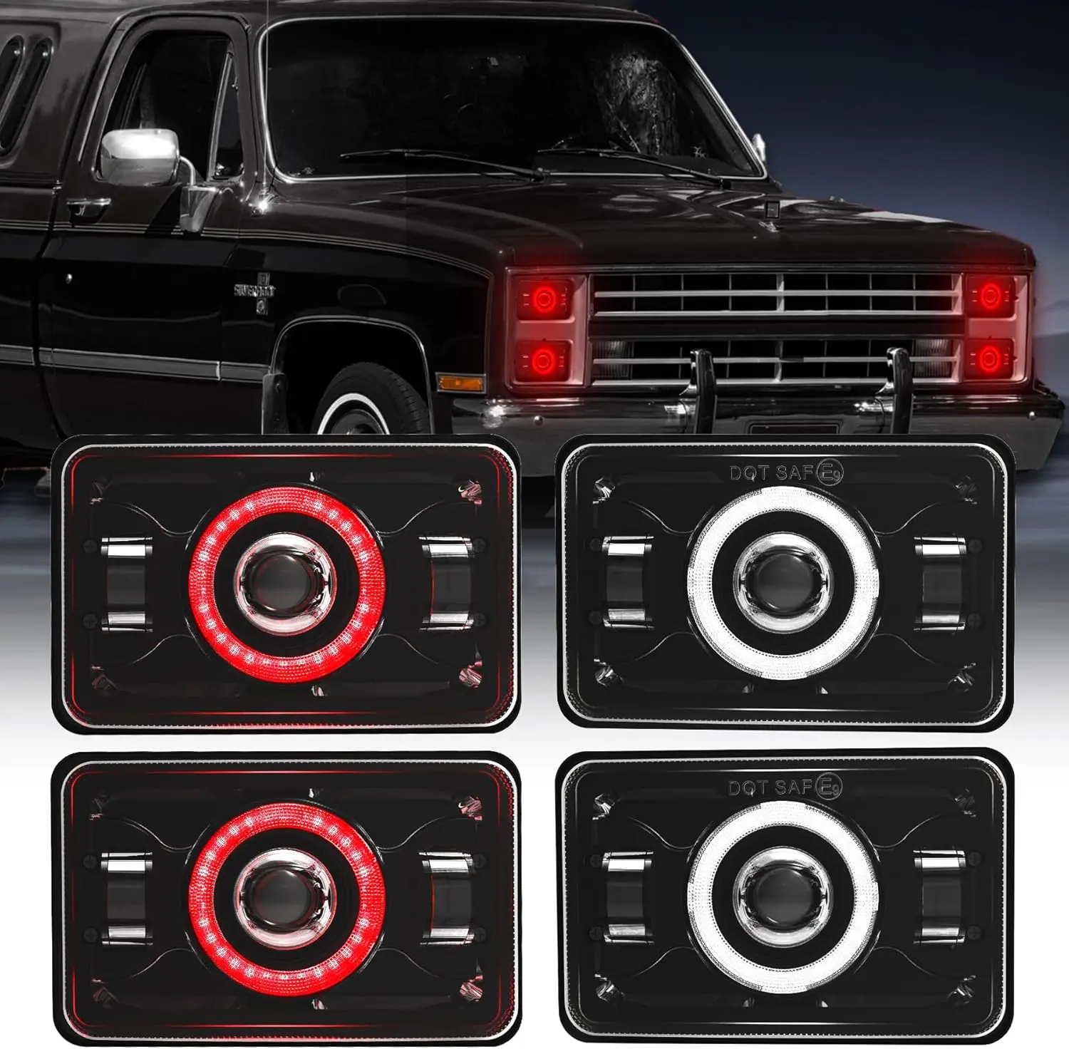 4x6 LED Headlights DOT Approved with Red DRL Amber Turn Signal Halo Compatible for 1986 Che-vrolet CK 10 Rectangular H4656 H4651 H4642 H4652 Peterbilt 357 378 379 XR400 XR250 XR650