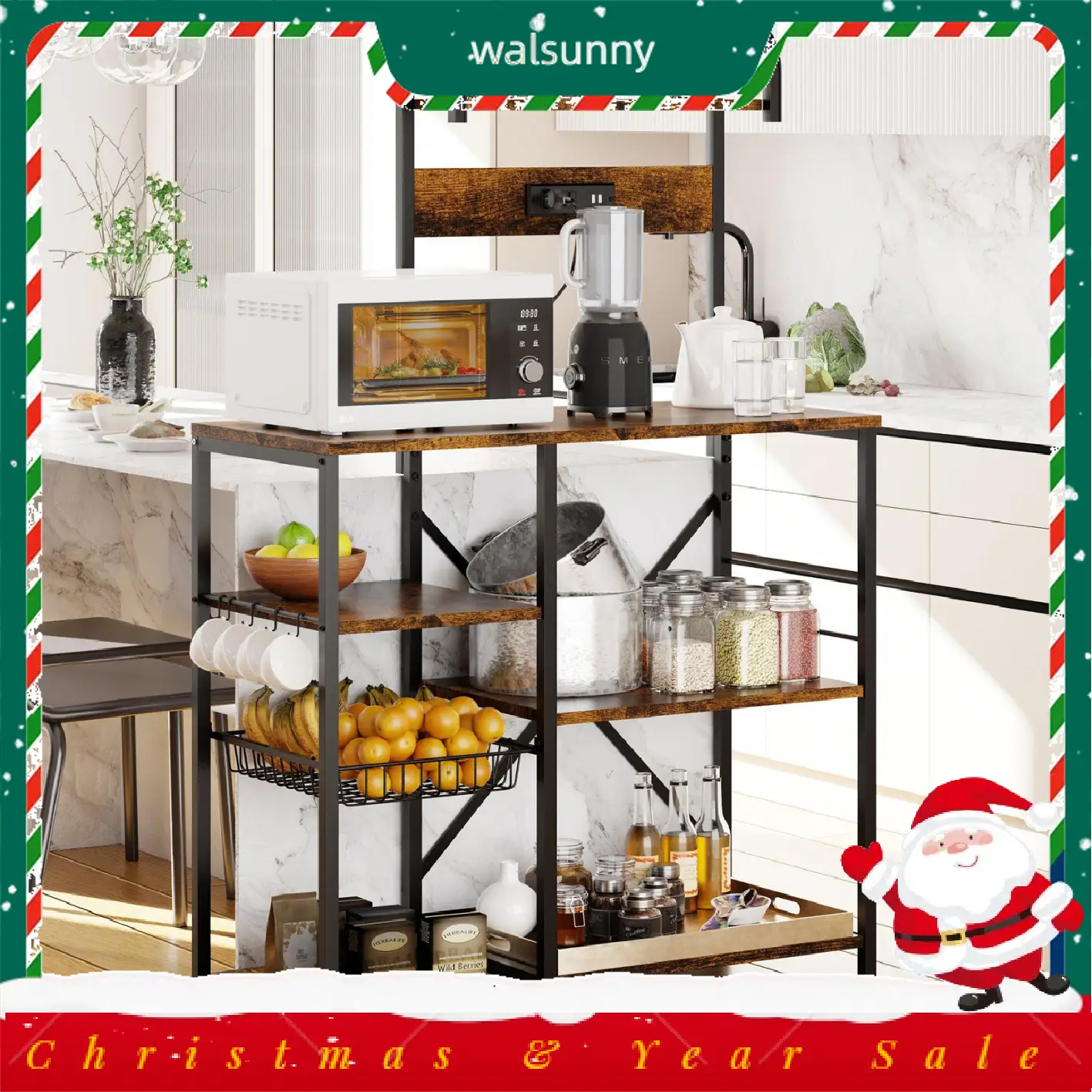 Walsunny 23.6" Standing Bakers Rack Shelf with Power Outlet, Kitchen Organizers and Storage with 6 Hooks, Coffee Station Cabinet, Steel-Retro, Grey