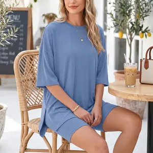 Women’s Solid Color Casual Lounge Set Crew Neck Slit Loose Short Sleeve Top with Pocket, Shorts Set Comfy Loungewear for Breathable Summer Home Wear