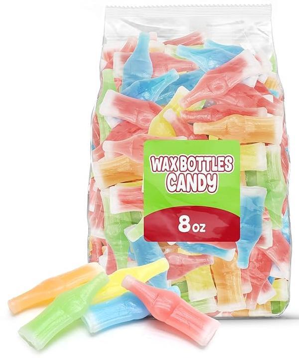 Wax Bottle Candy, 8 OZ Bag (½ LB), Retro Nostalgic Candies with Fruity Liquid Center, TikTok Trend Snack, Assorted Colors and Flavors, Heat Sealed for Freshness, Perfect for Parties and Gifts