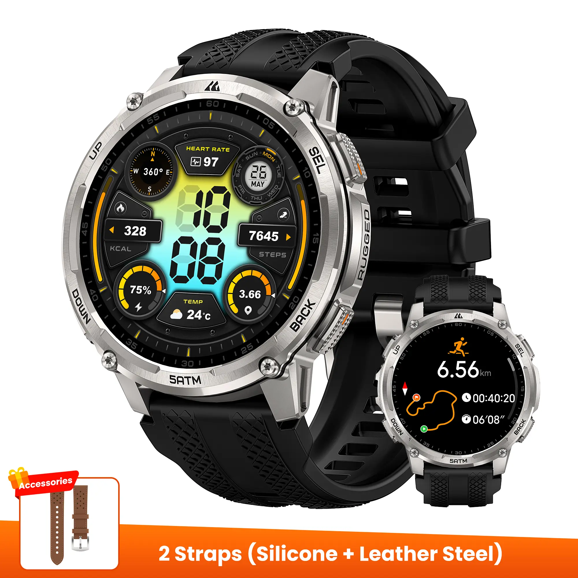 Silver + Leather Strap