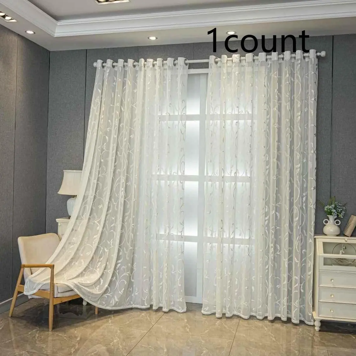 Gorgeous Branch Jacquard Flower Running Through Pole Curtains, Semi-transparent Curtains, Semi Sheer Curtain for Home Decoration Bedrooms, Living Rooms and Bathrooms, Perforated Holes, Easy To Install Net Curtains Window, Interior Decoration Accessories
