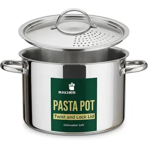 Stainless Steel Pasta Pot with Strainer Lid -- 5.5 Qt Large Capacity Spaghetti Pot with Twist Lock Lid -- Deep Cooking and Stock Pots for Boiling, Dishwasher Safe By