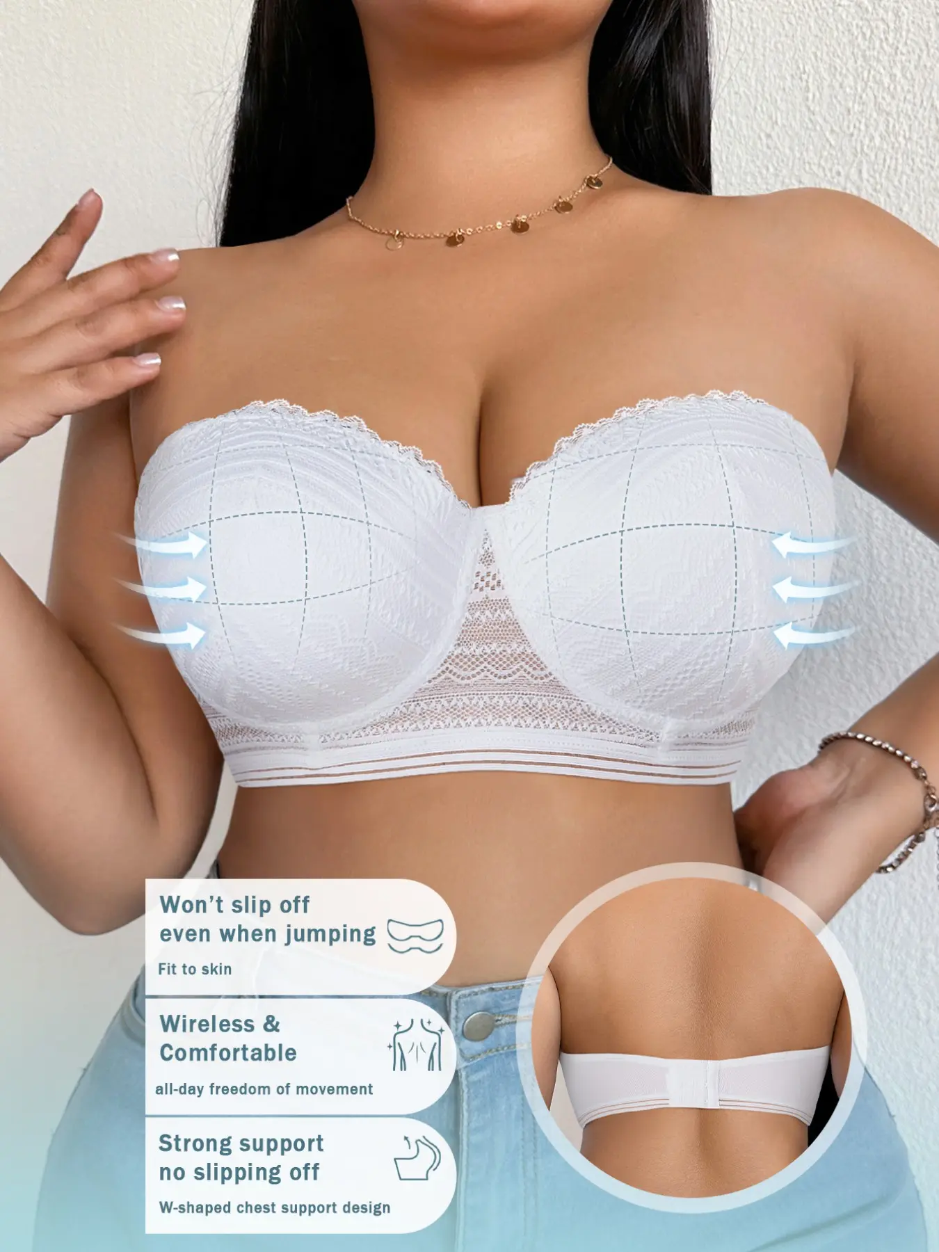 Plus size lace sheer push-up bandeau bra, Elegant breathable bra, wide side panels for underarm coverage, soft breathable comfortable, non-slip full support mid-length style, perfect for curvy figures, suitable for daily wear, weddings, Elegant bras