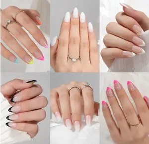 6 Packs Press On Nails Almond, Misssix French Tip Press On Nails Short, Reusable Glue On Nails