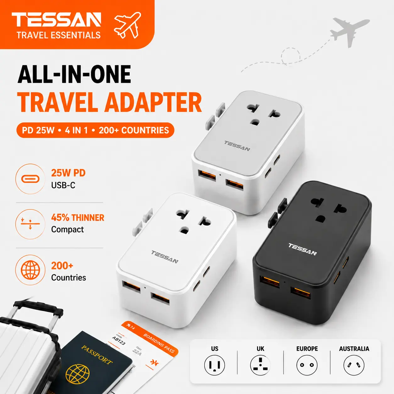 【TESSAN Ultra Slim International Travel Adapter】20W/25W/70W Universal Power Plug with 2 USB-C Ports & 1 USB-A, US to European UK Spain Italy England New Zealand, Type C/G/A/I