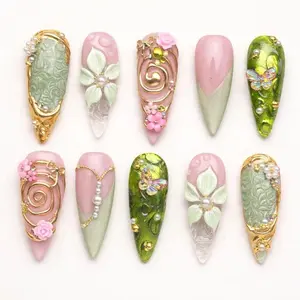 3D Floral Press On Nails, Pastel Green Pink Butterfly Stiletto Set