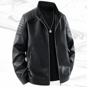 A men's stand-up collar leather jacket, casual personality style, stand-up collar has a unique design sense of personality, metal zipper workmanship shows personality, leather fabric texture is particularly personalized, the whole shows unique personality