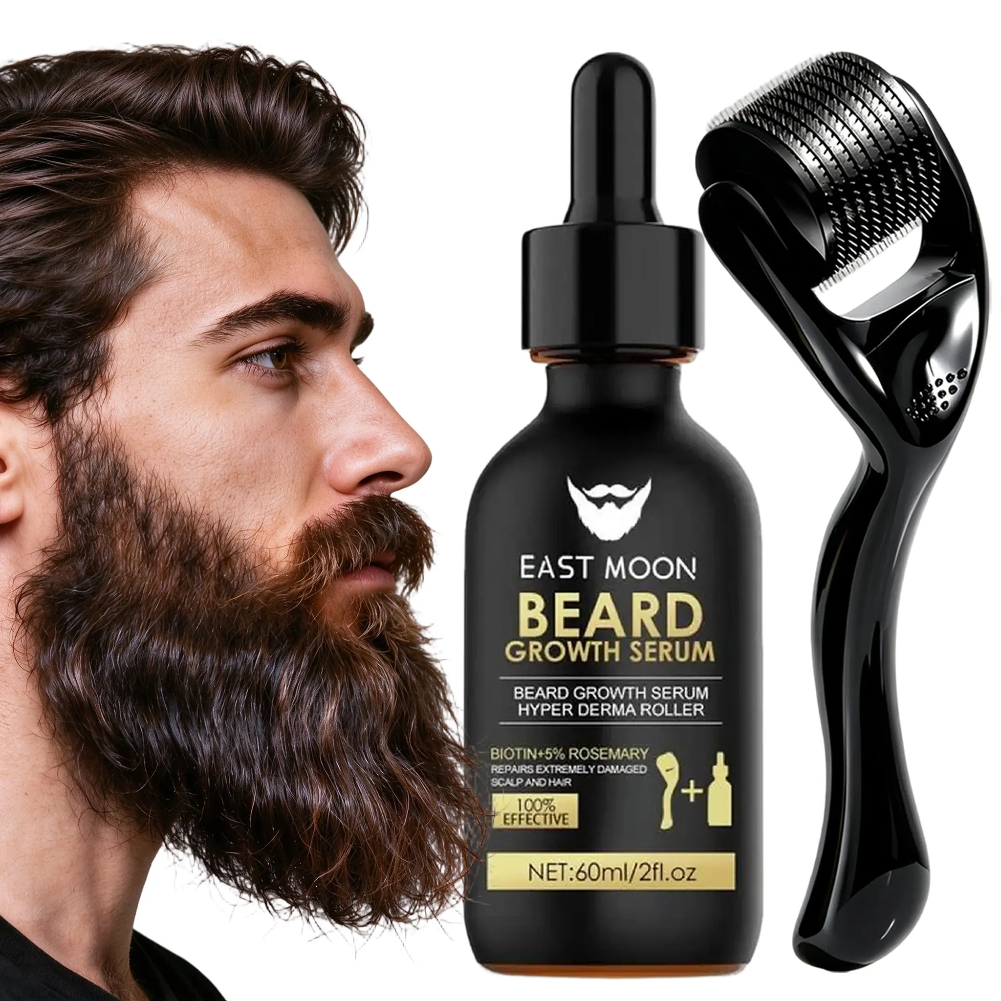 East Moon Beard Growth Kit Beard Roller and 60ml Nutritional Beard Oil - Thickens & Strengthens Beard, Titanium 540 Derma Roller 0.25mm, Biotin + Collagen + Rosemary, Daily Men's Beard Care Set, Gift