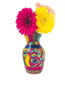 Hand-Painted Clay Vase: Mexican Folk Art Floral & Peacock Design