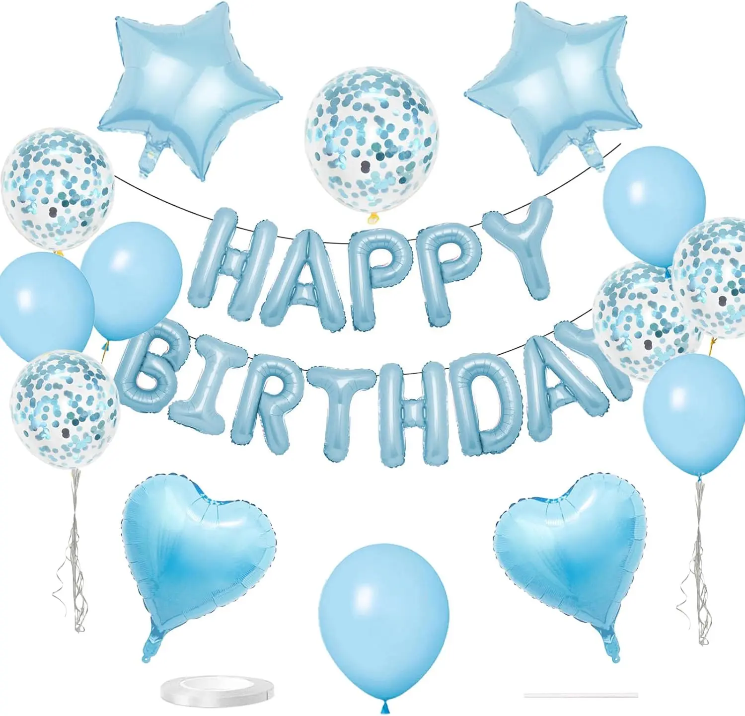 27 Pcs Light Blue Birthday Decorations, 3D Letters Light Blue Happy Birthday Balloon Banner, Pentagram Heart Foil Balloons Confetti Balloons Kit For Boys Girls Birthday Party Supplies - Home Improvement.