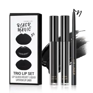 QIUFSSE 3 in 1 Black Lip Liner Pencil and Lipstick lipgloss Set Matte Black Lipstick Lip Gloss Kit Long-lasting Nonstick Cup Smudge Proof Lip Kits with Lip Liner,Velvet Goth Makeup