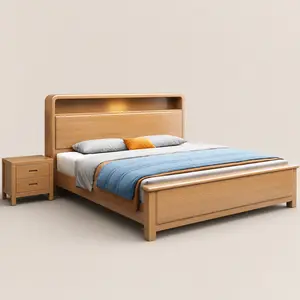 Natural Solid Wood Bed With Built-In Ambient LED Lighting #ScandinavianBed #QuietLuxuryHome #OakBedFrame #InteriorDesign
