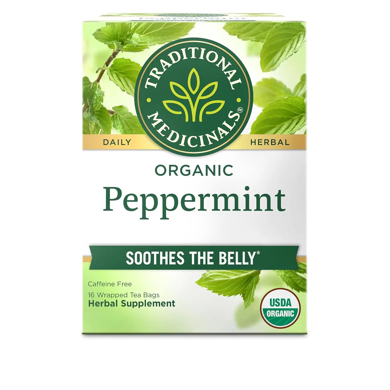 Traditional Medicinals Organic, Peppermint Tea - Helps Soothe Belly from Occasional Gas and Bloating - Kosher, Non-GMO, Caffeine-Free, Compostable - 16 Tea Bags