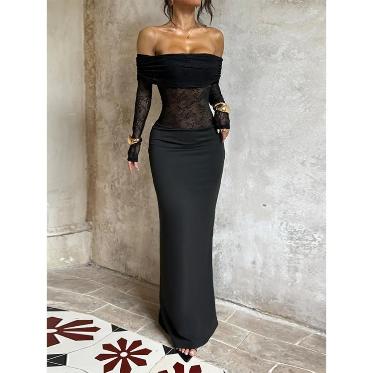 NEW(New)Wowdark One Shoulder Lace Patchwork Slit Long Dress, Elegant Evening Gown, Stylish Party Wear, Women's Fashion Clothing