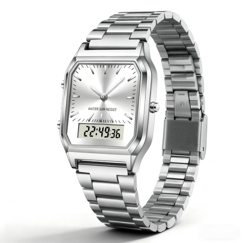 Stainless Steel Digital Sports Watch With Led Dual Display Unisex Water Resistant Quartz Wristwatch