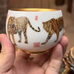 Tigers Chinese Jianzhan Teacup Handcrafted Porcelain Art with Delicate Calligraphy & Traditional Red Seals for Tea Lovers Drinkware