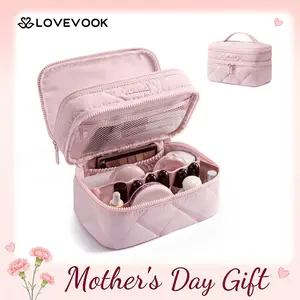 LOVEVOOK Travel Makeup Bag for Women,Large Opening Flat Toiletry Bag,Double Zipper Waterproof Quilted Makeup Bag,with Jewelry Storage and Makeup Brush Mesh Pocket,Daily Use and Travel Essentials,TikTokShopStockUp