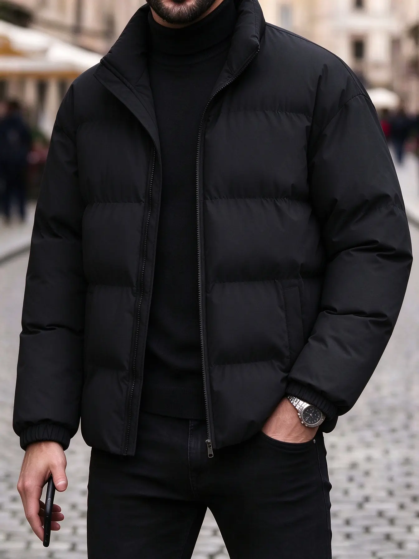 Men's Puffer Jacket - Stand Collar Long Sleeve Zipper Polyester Solid Color Quilted Outerwear, Casual Elastic Windproof Light Warm Coat for Daily Commute, Weekend City Stroll, with Pocket