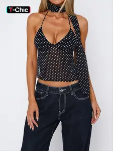 Women's Fashion Colorblock Polka Dot Basic Halter Top, Small Deep V Backless Tie Strap Transparent Vest, Casual Summer Wear, Colorblock Print Cami, Backless Tops