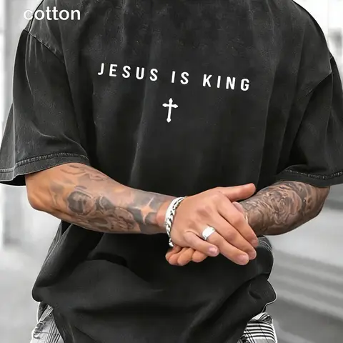 Men's Casual Cotton Vintage Washed "Jesus is King" Graphic T-Shirt - Stretch Short-Sleeve Christian Clothing, Retro Faith-Based Streetwear for Back to School First Day Outfits