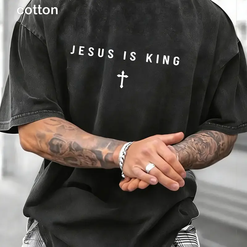 Men's Casual Cotton Vintage Washed "Jesus is King" Graphic T-Shirt - Stretch Short-Sleeve Christian Clothing, Retro Faith-Based Streetwear for Back to School First Day Outfits