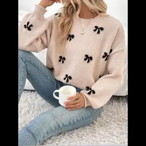 Women's bow patterned off shoulder sweater, autumn and winter fashionable casual long sleeved round neck jumper, fashionable women's knitted daily wear