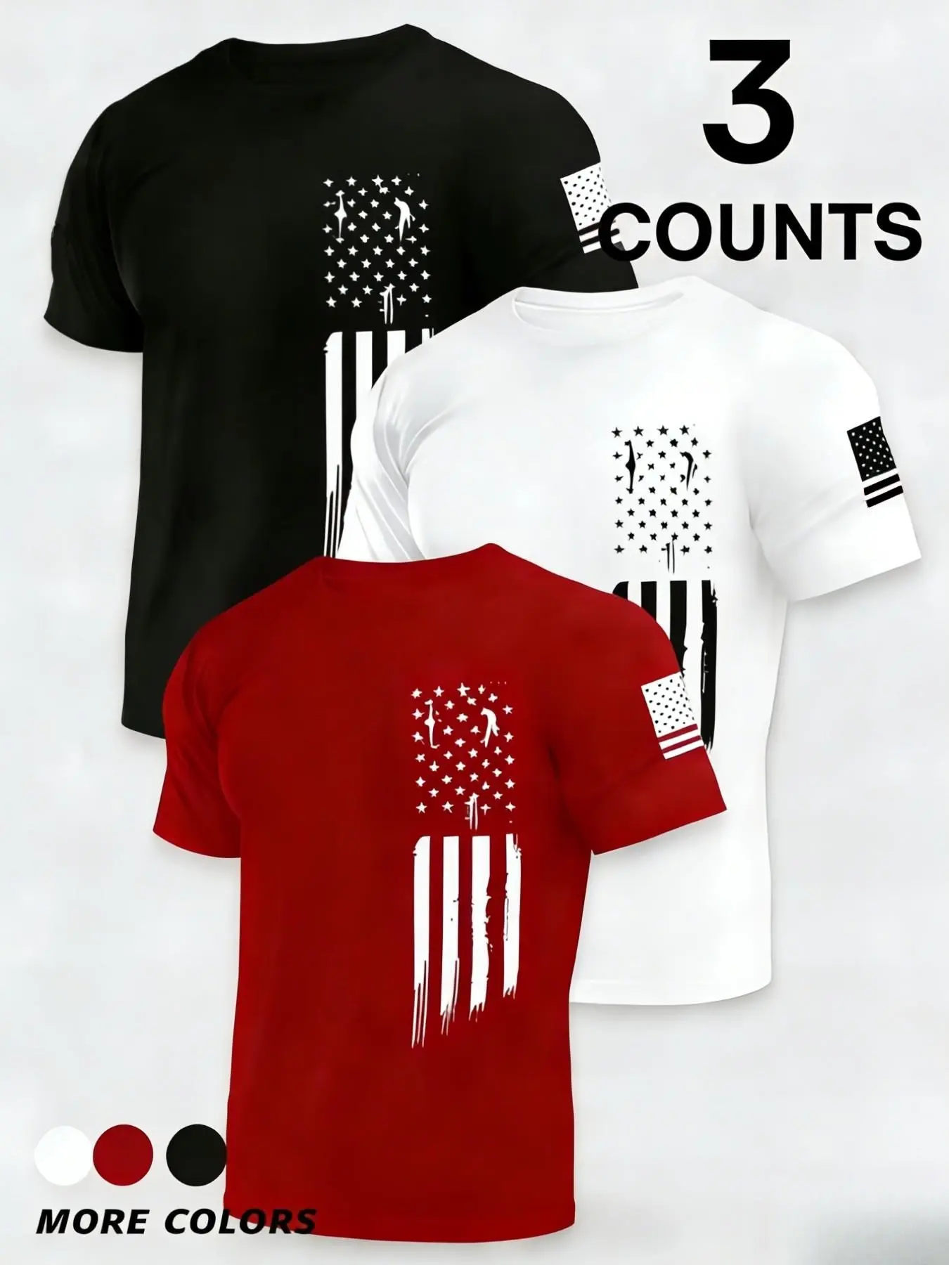 Men's 3-Pack Quick-Dry Short Sleeve T-Shirts, Athletic T-Shirt, Fitness T Shirt, Flag Print Sportswear, Lightweight Breathable Sports Tee for Running, Gym Tops, Training Shirt, Sporty T-Shirt, Athletic Clothing, Breathable Sports Style