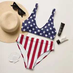 Women High Waist American Flag Bikini Set Navy Blue Stars Red White Stripes Patriotic Comfy Swimsuit 4th of July Beach Tanning Memorial Day USA