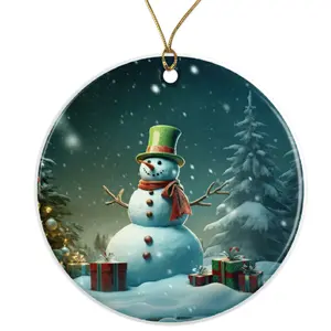 Snowman Ornament - Winter Decor Holiday Gift - Festive Christmas Tree Ornament - Snow Scene Family Gift Ceramic Ornament - 3 Inch Christmas Tree Round Ornament - Xmas Holiday Decor - String Included - ORNW0193