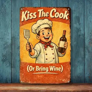 Funny Kitchen Metal Sign 8x12 Inch Vintage Retro Wall Decor “Kiss The Cook Or Bring Wine” Rustic Kitchen Gift for Home