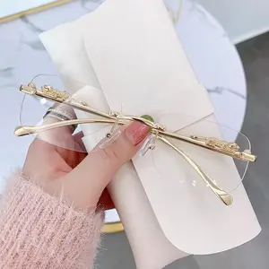 Stylish Rimless Square Glasses for Men & Women Cheetah Pattern Metal Frame Transparent PC Lenses Lightweight Zinc Alloy Design