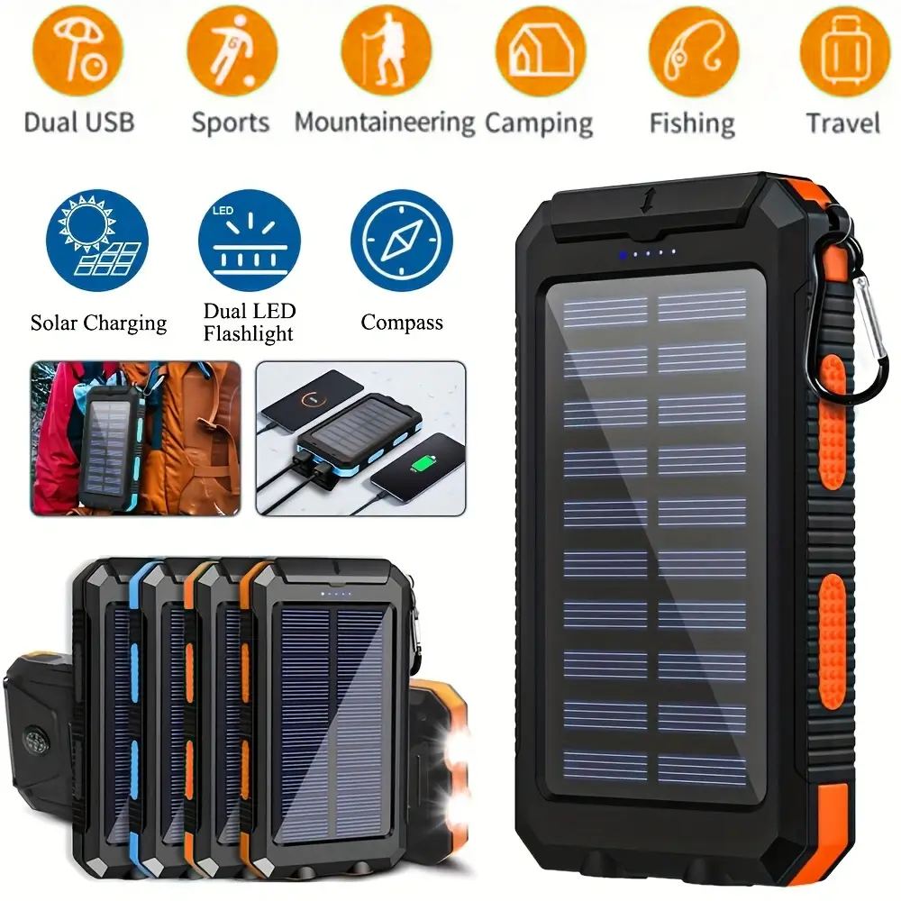 [Best Gift|Solar Power] 10000mAh Large Capacity Portable Charger | 1pc Solar Power Bank Dual 5V USB Ports Output with LED Flashlight, Compass for Mobi