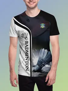Men's Badminton Theme Short Sleeve T-Shirt, Cool All-Over Print, Comfortable Casual Wear, Perfect Gift for Badminton Lovers