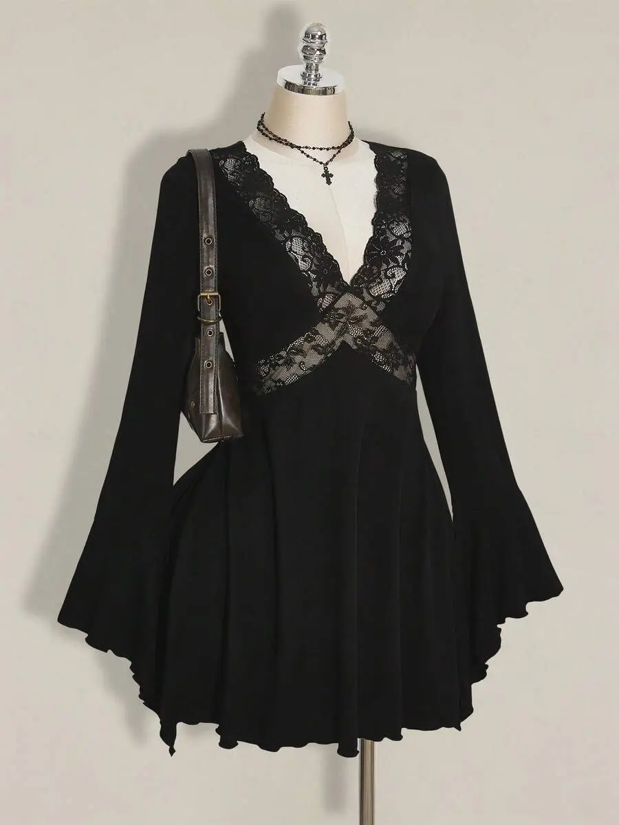 BOHECO Plus Size Women's Black Autumn Elegant Goth Formal Night Evening Night Out Club Lace-Trimmed Knitted V-Neck Flared Sleeve Loose Retro Y2K Skirt Dress