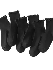 6 Pairs Women's Pleated Socks, Cute Pleated Ankle Socks, Loose-Fitting Casual Plain Design, Organic Textile Material