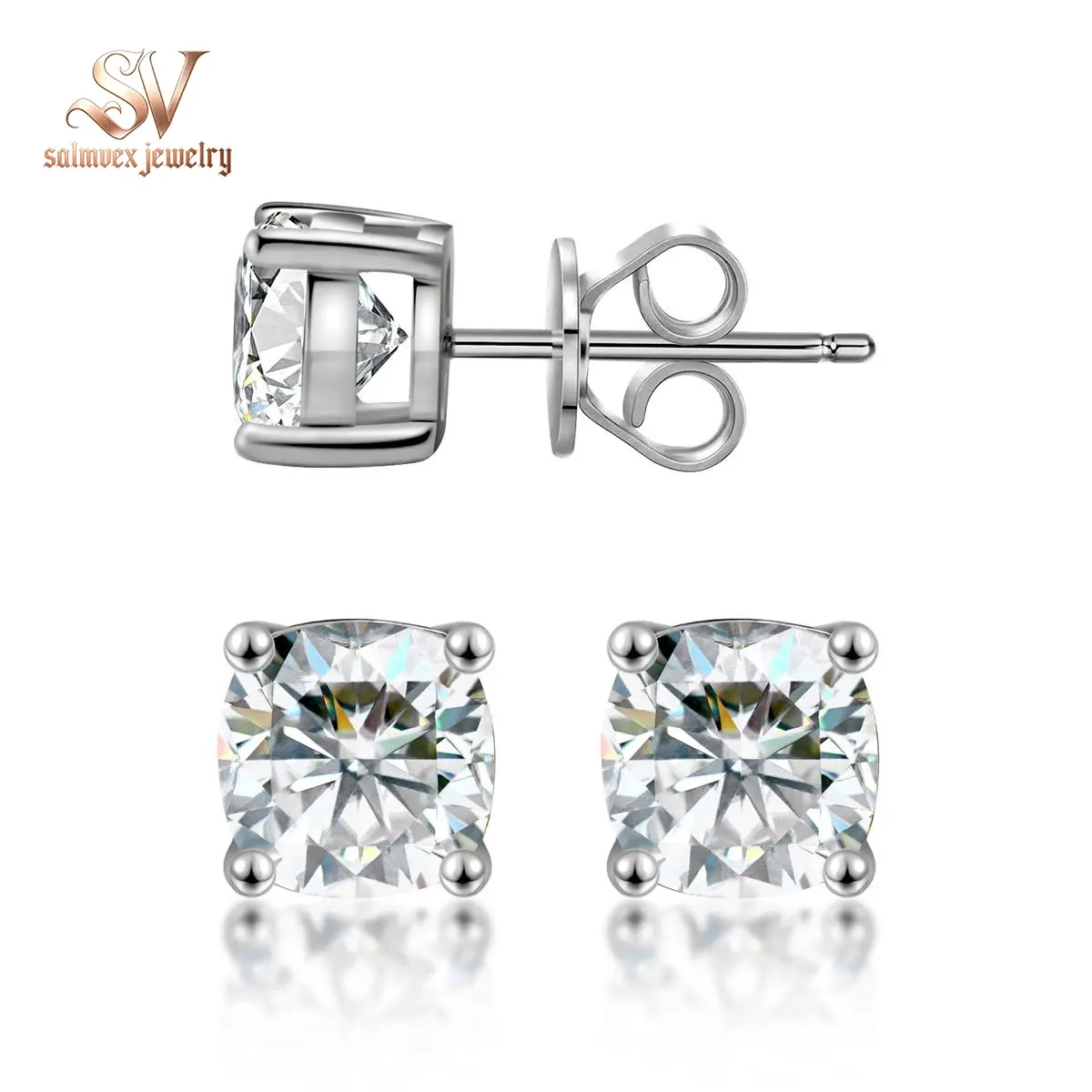 Salmvex Jewelry Cushion Cut Prong Solitaire Stud Earrings VVS Synthetic Moissanite S925 Stud Earrings Birthday Anniversary Mother's Day Christmas Gifts for Men Women