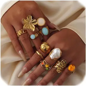 Baroque Pearl & Tiger's Eye Chunky Ring Set for Women - 11Count Adjustable Stacking Statement Rings, Non-Tarnish Fashion Jewelry Gift Set