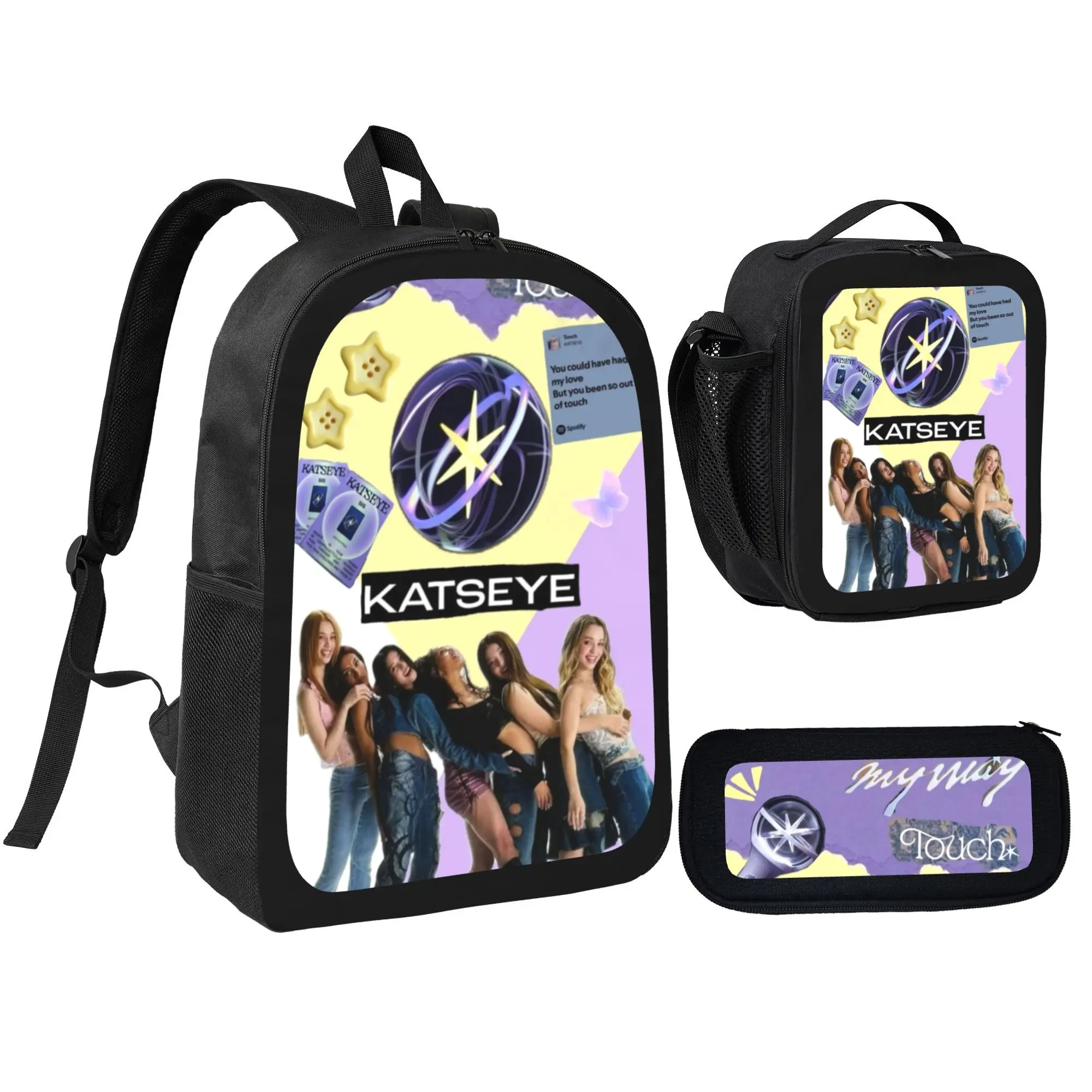 Catseye Backpack Kpop 3 Pieces Set With Pencil Case Lunch Bag Combination For Work Sport Picnic Classic Laptop Backpack Travel Daypack Stationery Bag