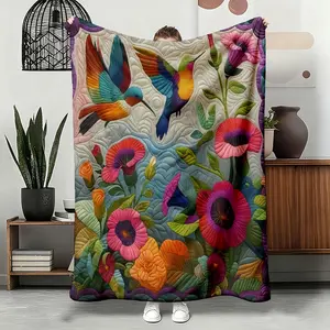 Floral Print Quilted Throw Blanket, Air-conditioned Room Blanket, Soft Comfortable Nap Blanket for Home Office Travel Camping