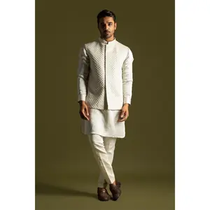 Gray linen satin nehru jacket and kurta set