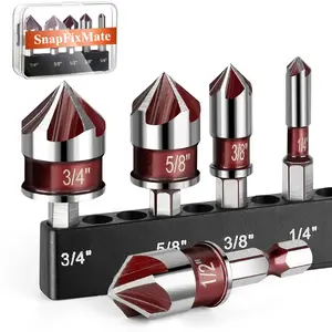 Premium Drill Bit with 82-Degree,5PCS Countersink Drill Bit Set,  5 Flutes, Quick-Change Hex Shank, 1/4 Inch to 3/4 Inch Size, Counter Sink Bits for Wood, Metal, Plastic.