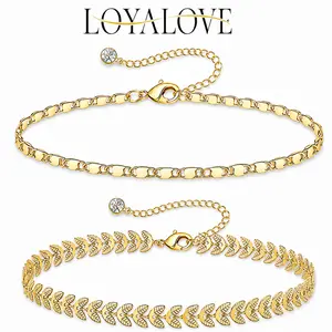 Loyalove 2-Piece Gold-Tone Anklet Set for Women, Adjustable Flat Link & Leaf Chain Layered Anklets, Dainty Stackable Summer Beach Foot Jewelry