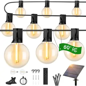 60FT Solar Globe String Lights Outdoor, Shatterproof Solar Patio Lights with Remote, 27 Dimmable LED Filament G40 Bulbs, 2200K Soft Warm White Edison  Light for Outside Backyard Deck