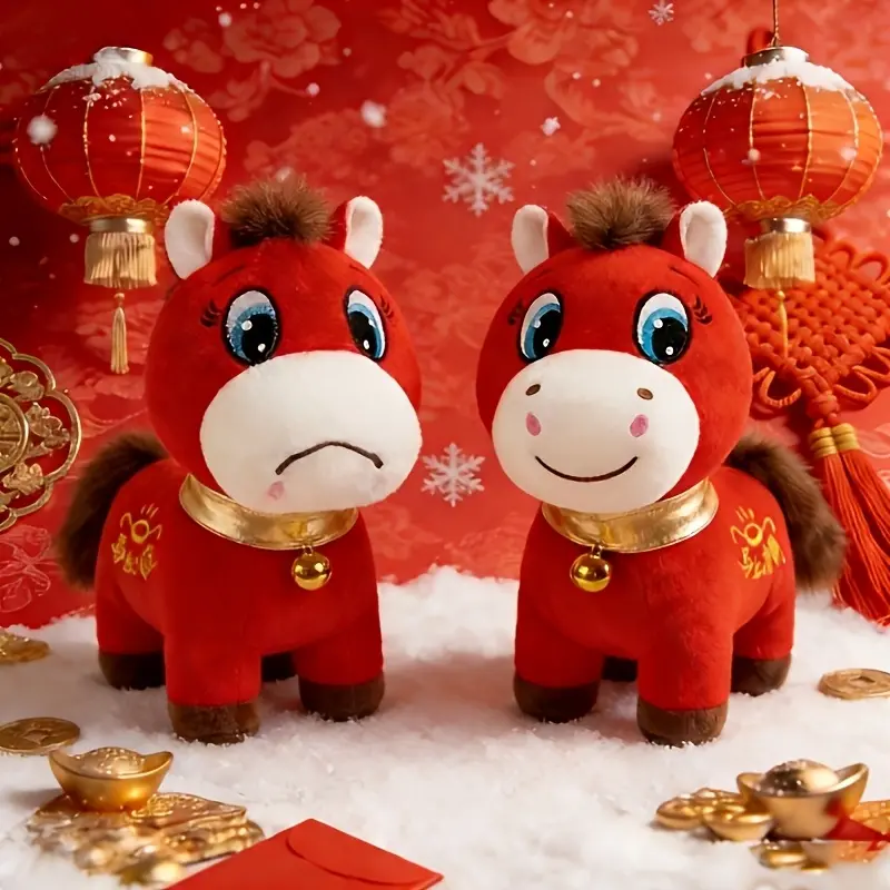 The Emotional Show Of Two Ponies ~ Crying And Laughing Are Super Healing, 2PCS-2026 New Hot Year Of The Horse Crying Horse And Smiling Horse Lucky Pet Plush Toy Red Pony Mascot | Polyester Fiber, Perfect New Year Pet Gift, Cute Big-eyed Hor